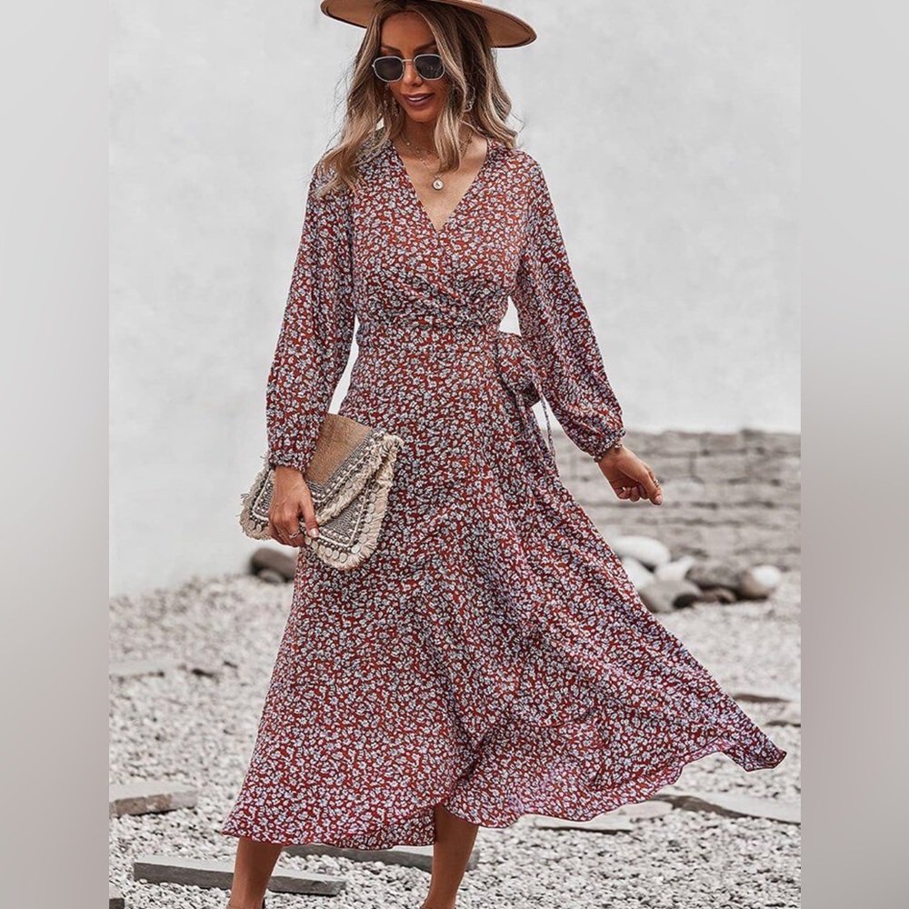 Pretty garden Allover Printed Puff Sleeve Ruffle Hem Belted Dress Size M